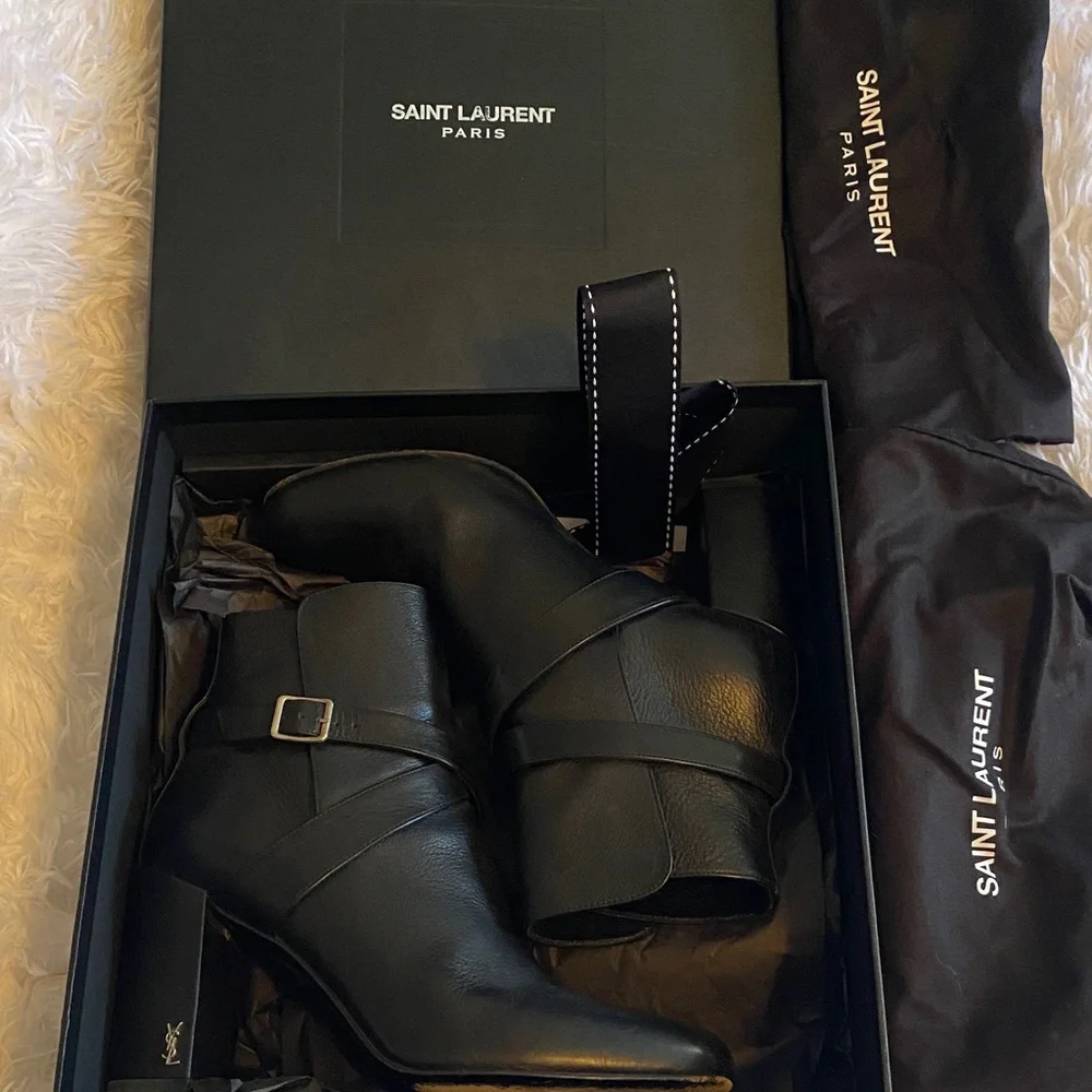 Saint Laurent Black Leather Buckle Ankle Booties - Picture 2 of 2
